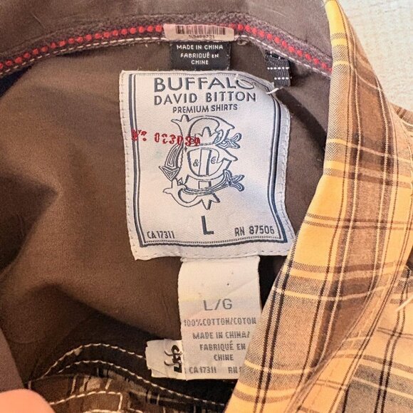 Buffalo David Bitton Mens Western Shirt Pearl Snap Brown Plaid Patch Size L - Picture 12 of 14